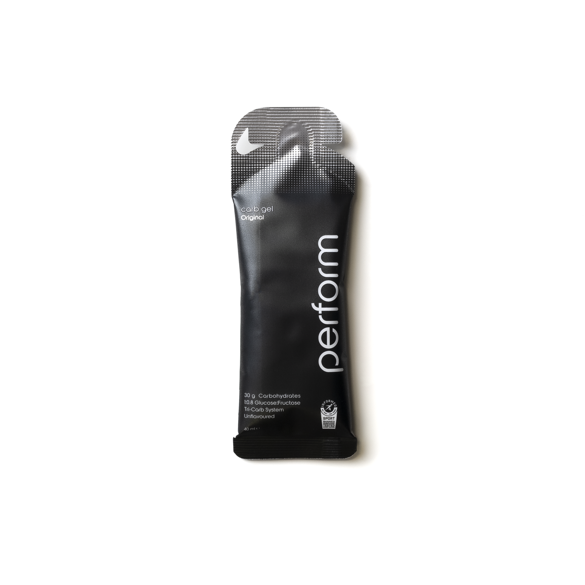 Black Perform energy gel packaging on a white background